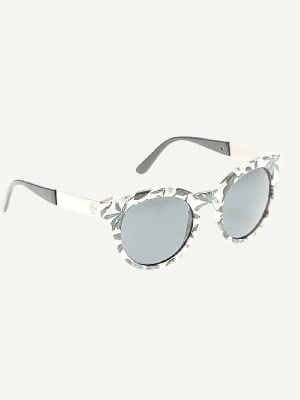 Tory Burch Floral Print Round Sunglasses Gray Lenses White Black Frame